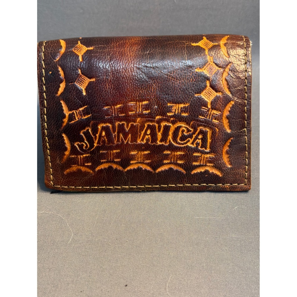 Vintage Jamaica Hand Tooled Leather Trifold Wallet Brown Embossed Souvenir